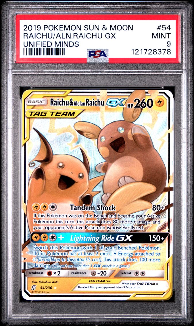 2019 #54 Raichu & Alolan Raichu GX PSA 9 Sun & Moon Unified Minds Pokemon