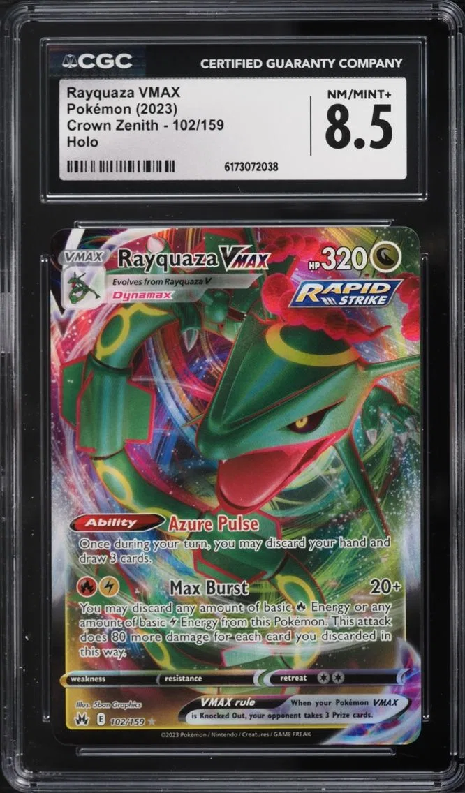 2023 Pokemon Sword & Shield Crown Zenith Full Art Rayquaza VMAX #102 CGC 8.5 NM-MT+
