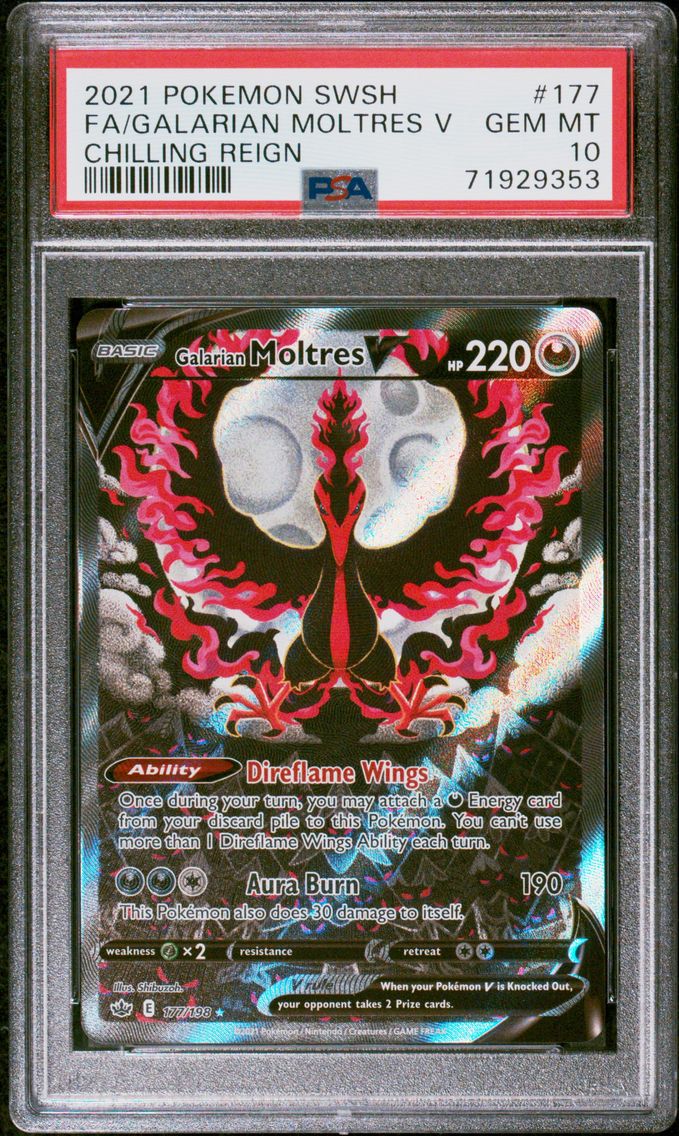 2021 #177 Full Art/Galarian Moltres V PSA 10 Sword & Shield Chilling Reign Pokemon