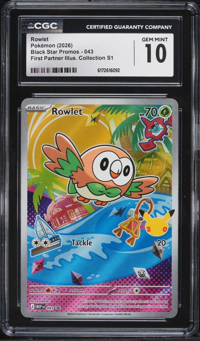 2026 Pokemon Mega Evolution Promo First Partner Illustration S1 Full Art Rowlet #43 CGC 10