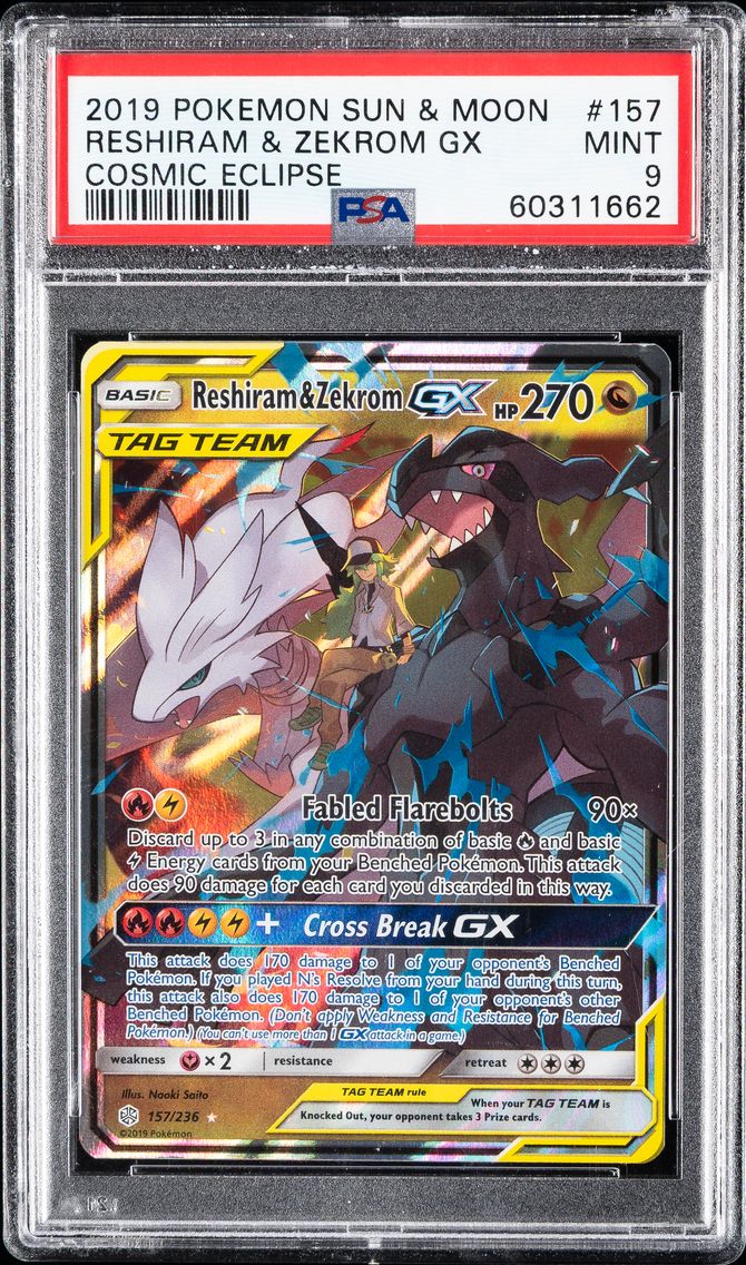 2019 #157 Reshiram & Zekrom GX PSA 9 Sun & Moon Cosmic Eclipse Pokemon