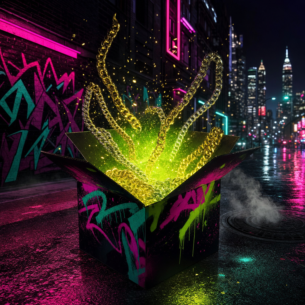 Graffiti mystery box open on a neon New York street, spilling gold and silver cuban chains