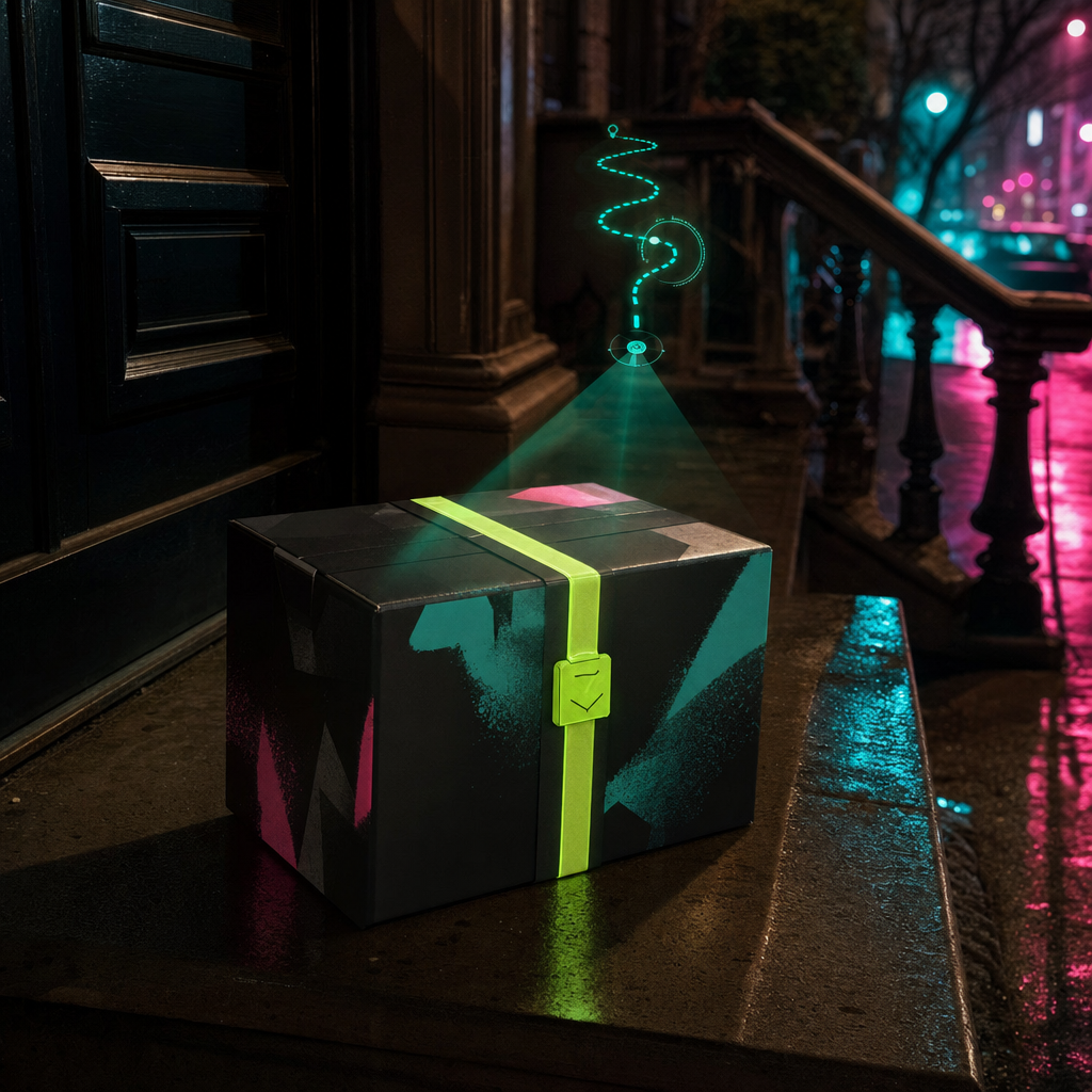 Premium courier package on a neon-lit doorstep, ready for tracked delivery