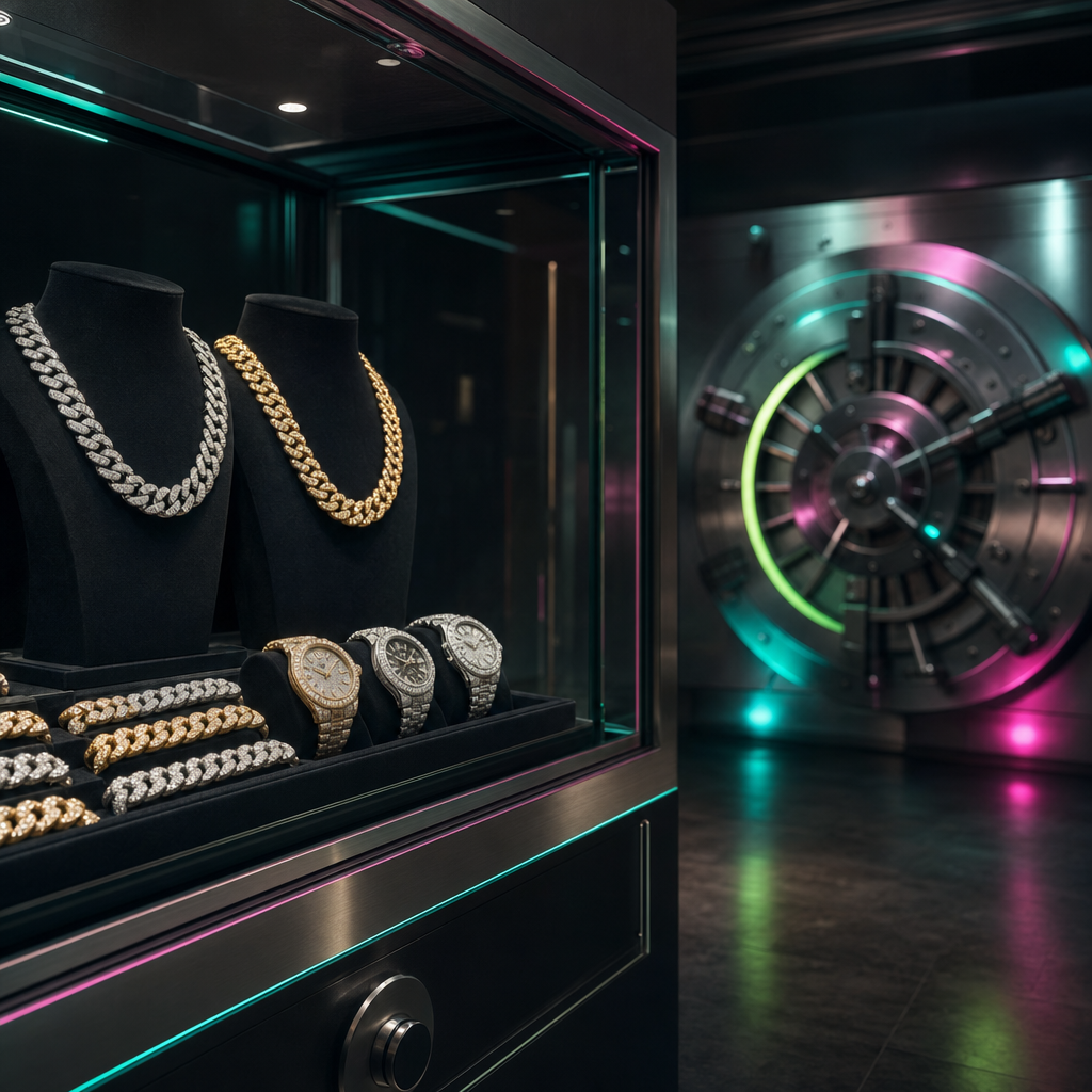 Jeweler's vault display case holding gold and silver chains and iced watches under neon light