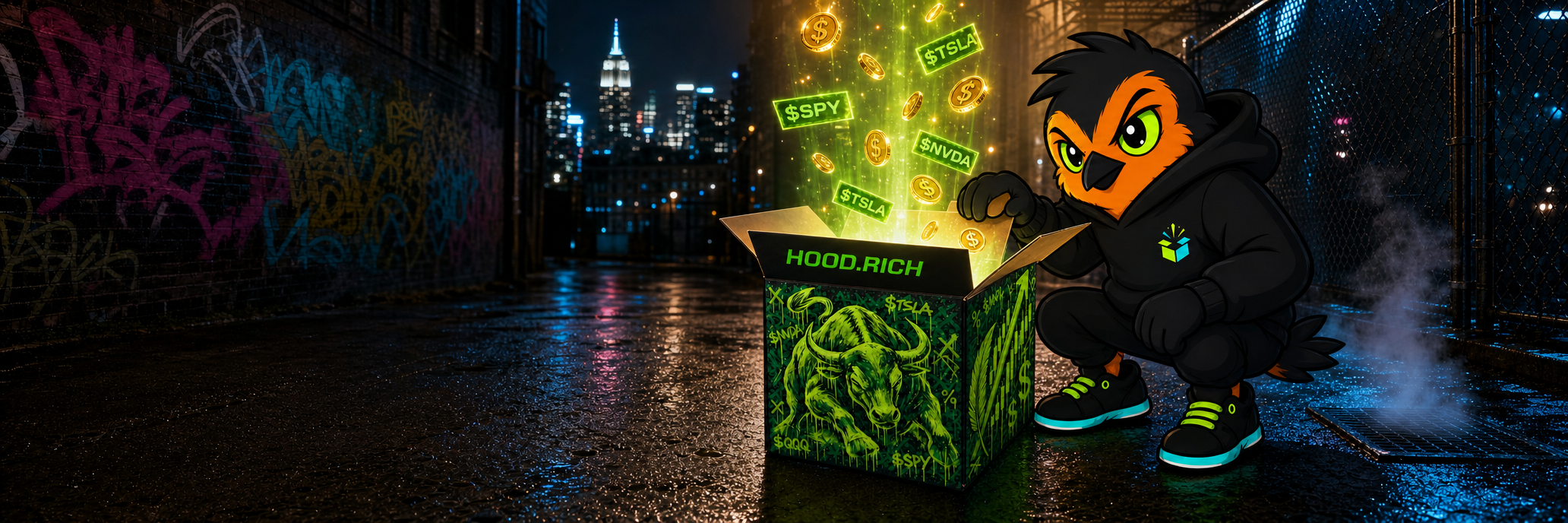Richie the Robin opening a Hood.Rich box